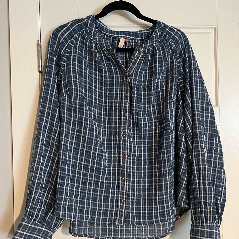 Anthropologie Pilcro Plaid Blouse 1X XL 2X Blue Button-down Shirt Dress - Picture 5 of 7